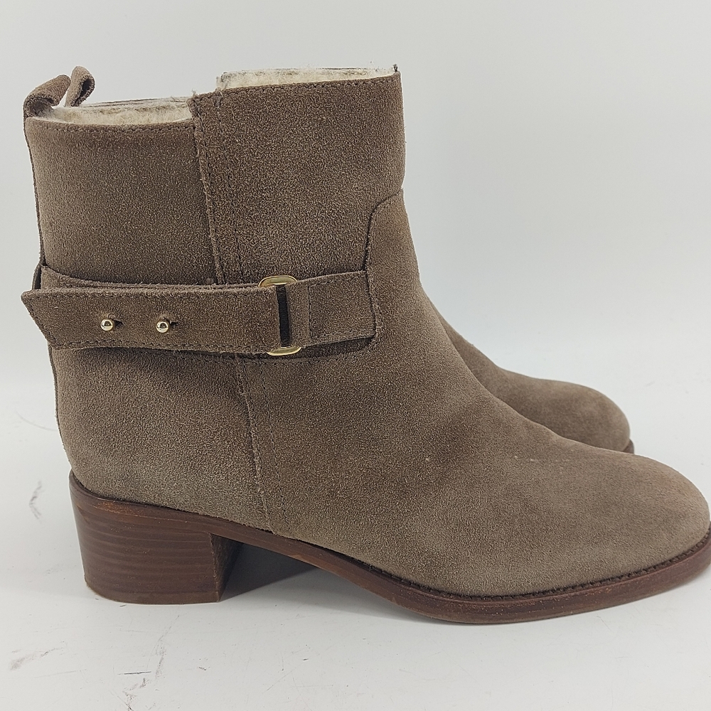 J.Crew Leather and Shearling Size 7.5 Parker  Ankle Winter Boots Taupe Pull On